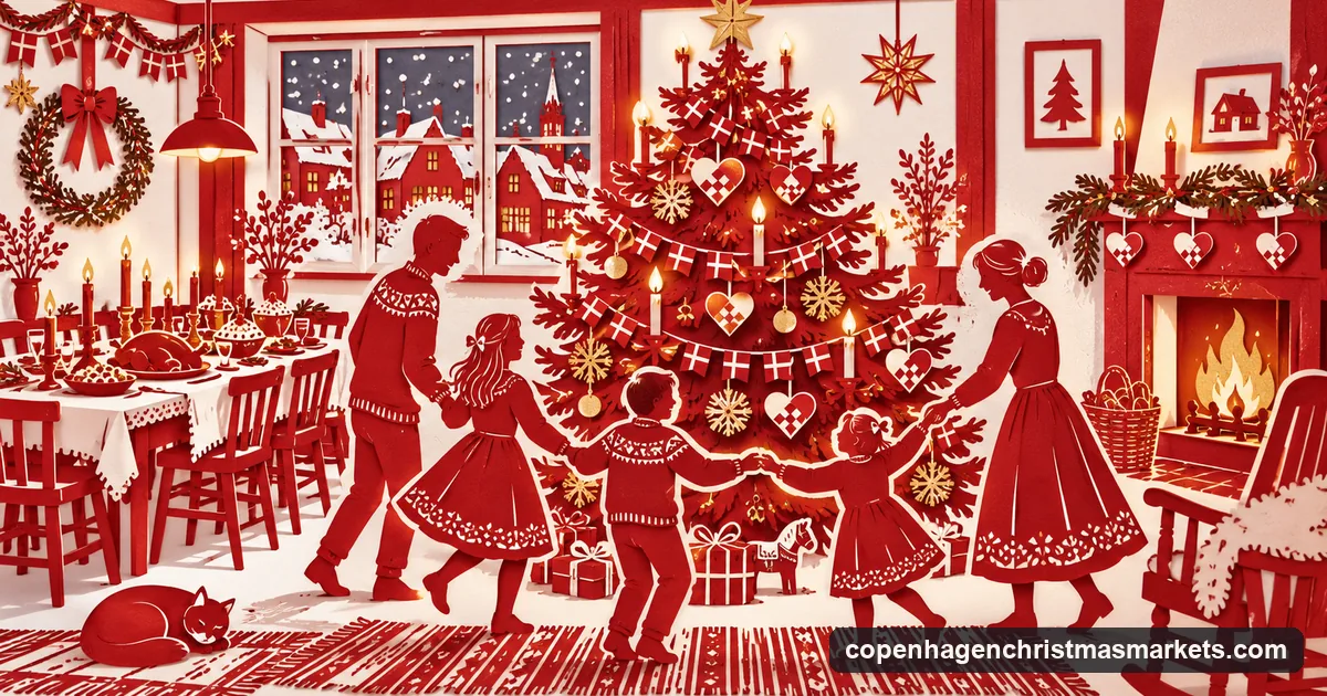 A paper-cut style picture of a family dancing around a Christmas tree hung with woven paper hearts and candles, with a laid table behind