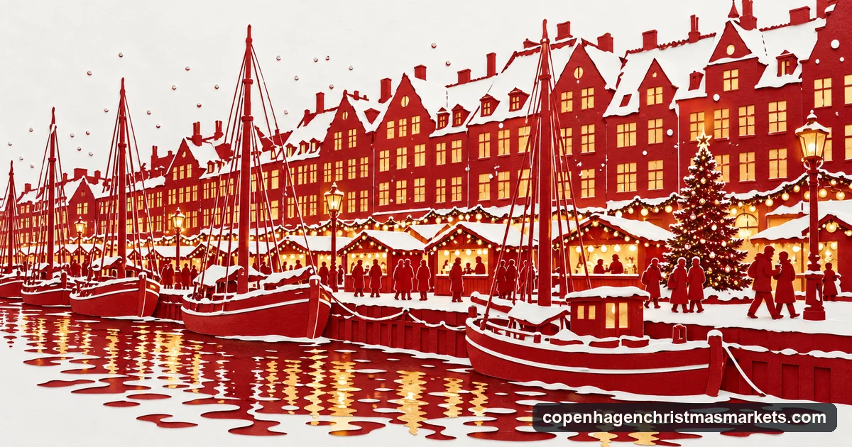 A paper-cut style picture of Nyhavn harbour at Christmas, with gabled townhouses, moored sailing boats and small market stalls with lights on the quay
