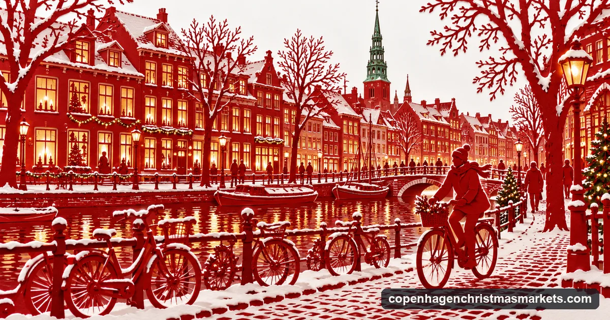 A paper-cut style picture of a Copenhagen canal street in December dusk, with parked bicycles, candlelit windows, a copper spire and a cyclist in the snow