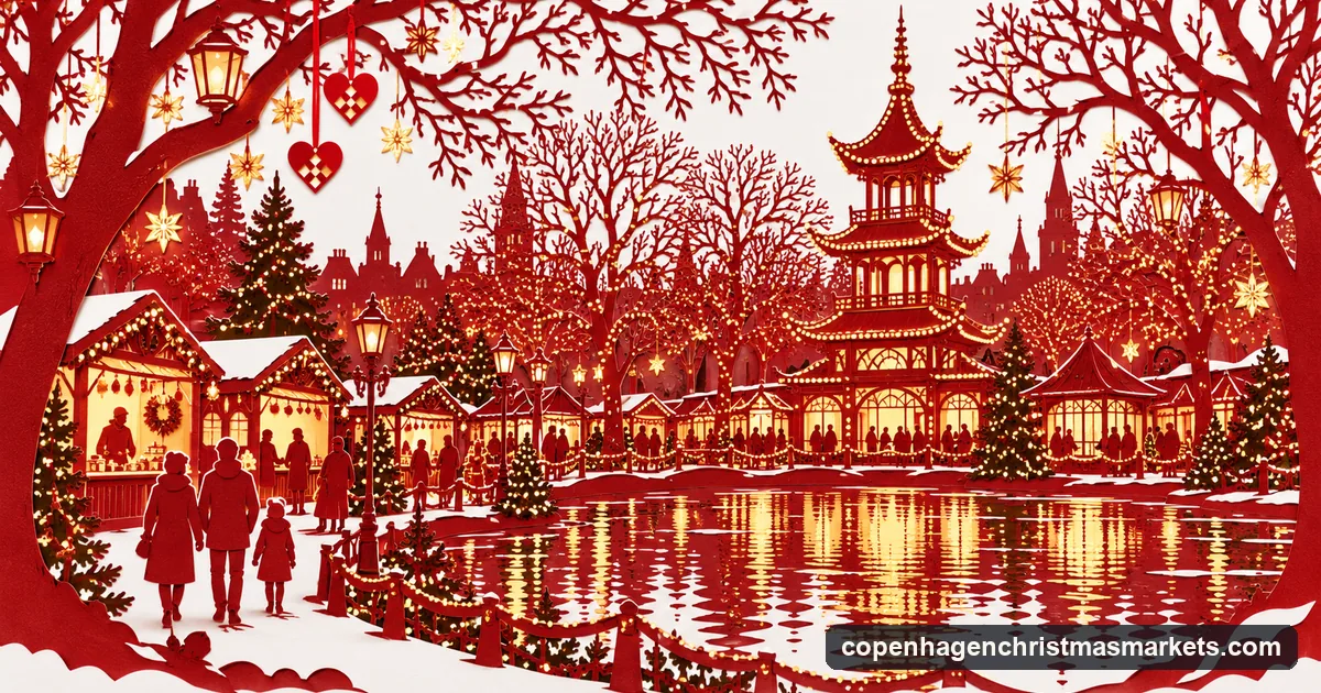 A paper-cut style picture of a Copenhagen pleasure garden at Christmas, with a lit tower by a lake, fairy lights in the trees and small Christmas stalls