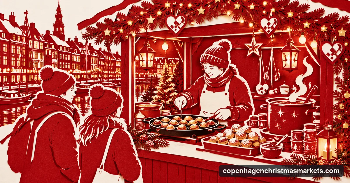 A paper-cut style picture of a Copenhagen Christmas stall where a vendor turns aebleskiver pancake balls in a cast-iron pan beside a pot of mulled gloegg